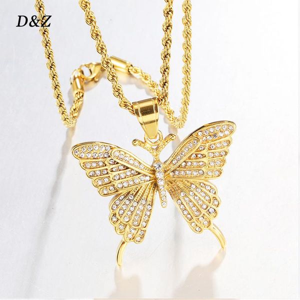

pendant necklaces d&z butterfly necklace stainess steel with cz stones gold color hip hop charm jewelry women gift, Silver