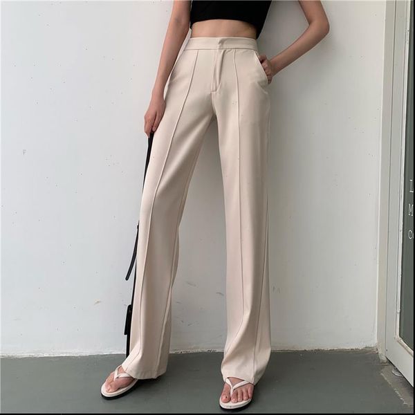 

2021 spring high waist casual office pants female summer thin beige wide leg pants straight tube trousers, Black;white