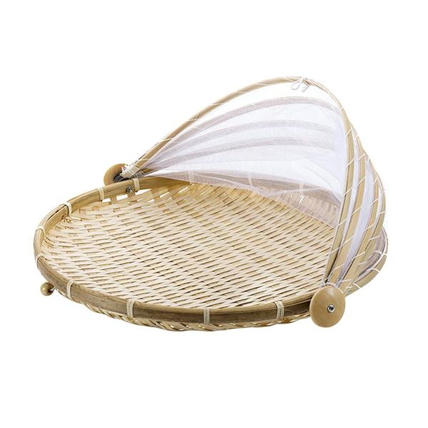 

1pc hand woven bug proof basket dustproof picnic basket handmade fruit vegetable bread cover wicker with gauze