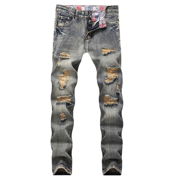 

men's jeans fashion all-match nostalgic ripped retro straight slim fit pants, Blue