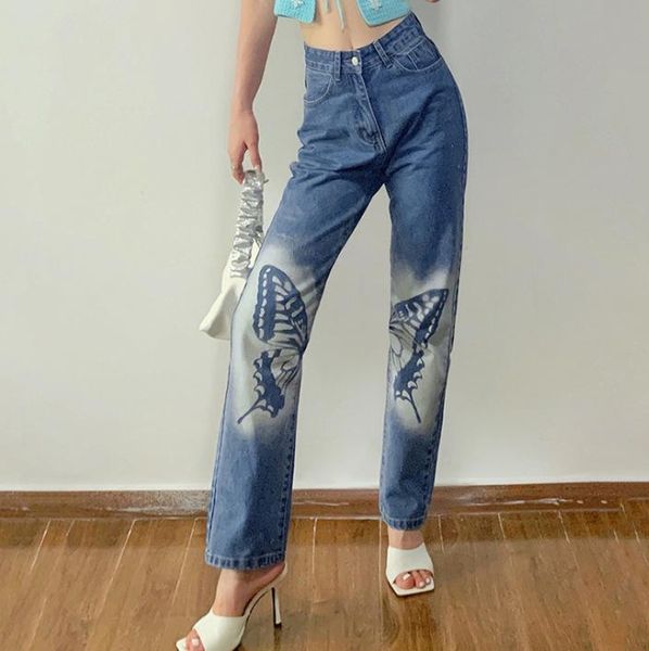 

women's jeans 2021 fashion high waist straight butterfly print casual, Blue