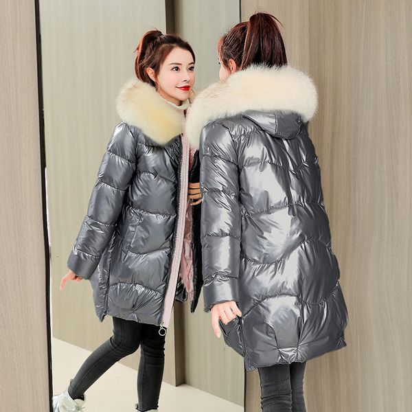 

winter jacket women 2021 artificial raccoon fur collar winter parka coat women coat, Black