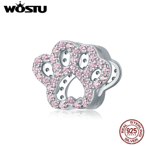 Wostu 100% 925 Sterling Silver Paw Cão Pegadas Beads Fit Pulseira Original Pingente Rosa Zircão Encantos DIY Jóias CTC164 Q0531