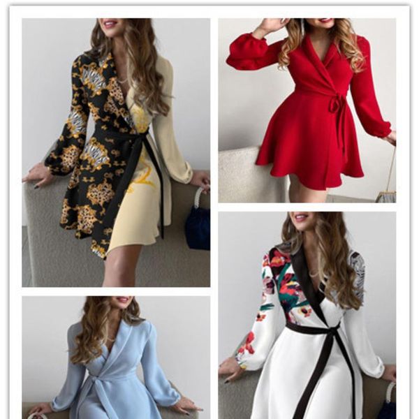 

casual dresses maxi for women 2021 european and american autumn floral print lapel long-sleeved dress, Black;gray