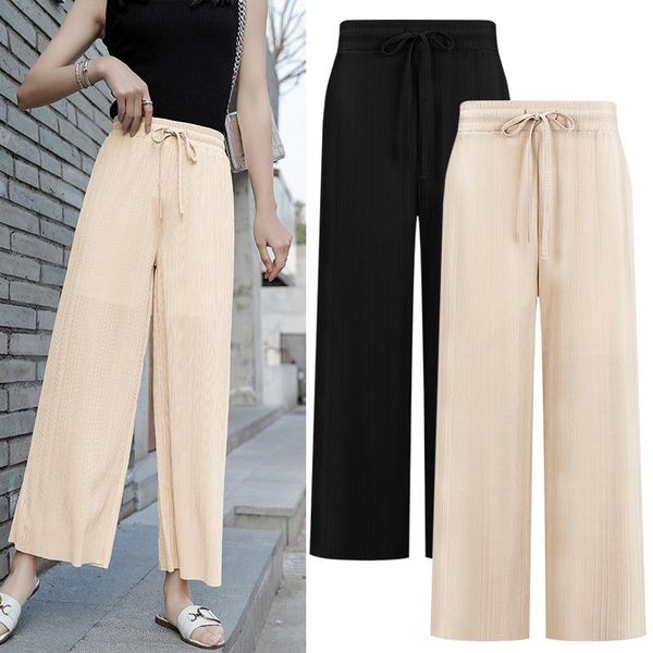 

women's pants & capris -5xl plus size casual women trousers 2021 summer fashion knitting wide leg loose female ankle-length high waist, Black;white
