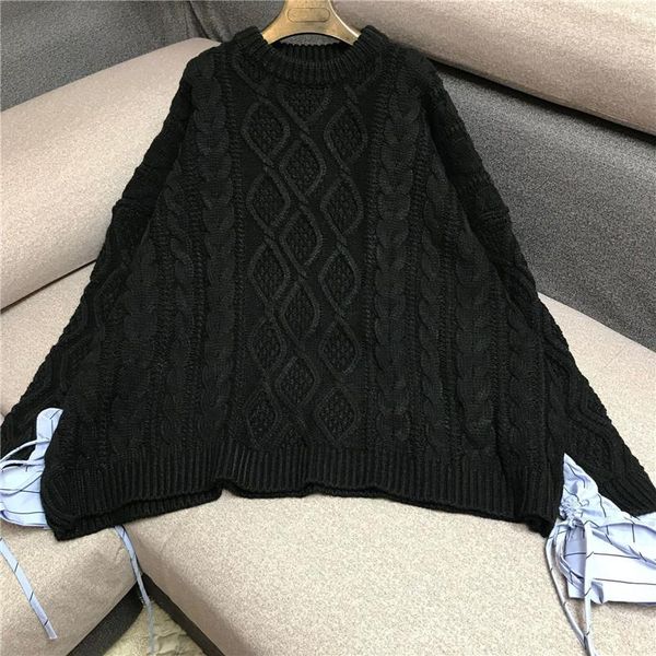 

women's sweaters female loose long twist restoring ancient ways in qiu dong with thick knit stitching shirt sleeves frock, White;black
