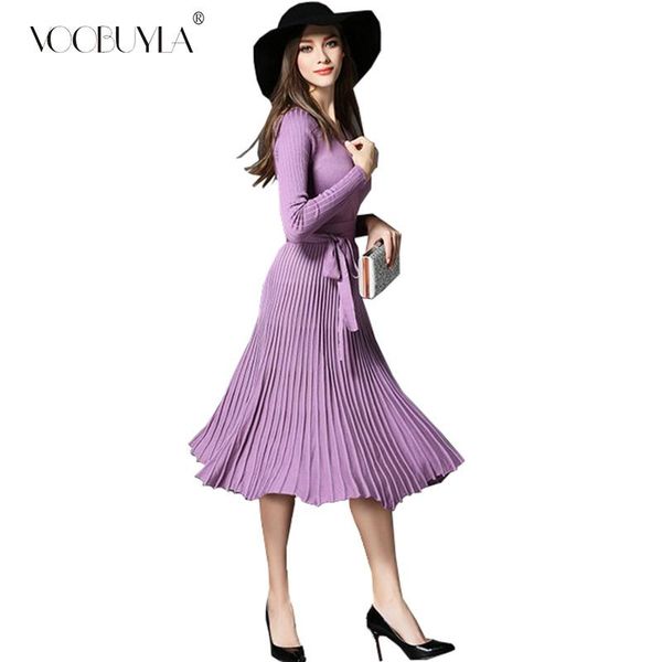

casual dresses sweater dress fashion women knitted elegant v neck high waist pleated sweaters winter vintage, Black;gray