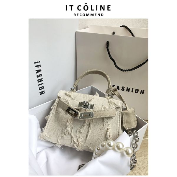 

stitching denim tassel hand mini second generation kelly canvas beggar bag