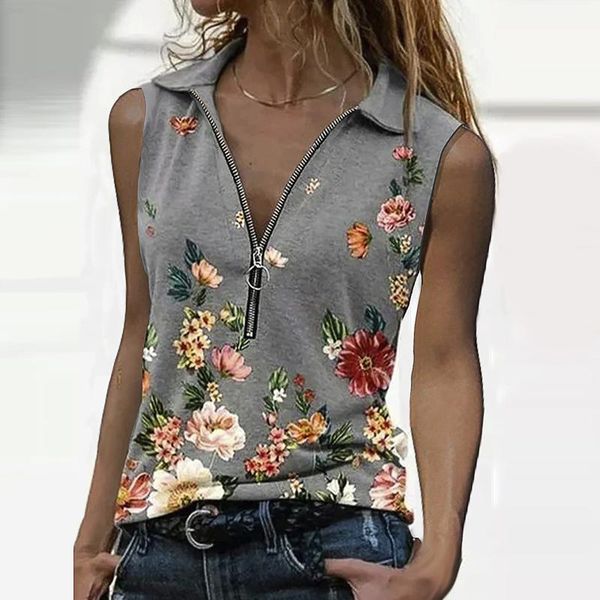 

women's t-shirt women print zipper v-neck loose sleeveless shirt lady summer tee streetwear female camisetas mujer #tp, White