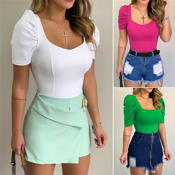 

women's blouses & shirts 2021 women shirt blouse slim v neck pullover ladies summer puff short sleeve solid tee fashion clothes, White