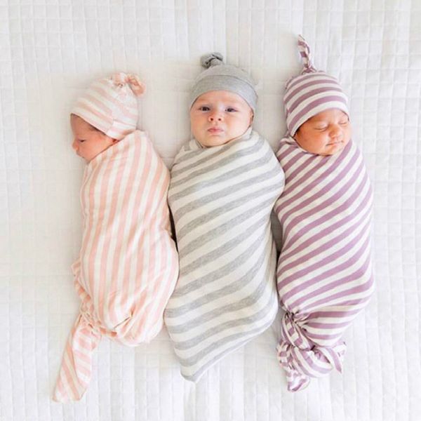 Полостия на полоску + шляпы новорожденные набор евро Продажа детские постельные принадлежности младенческие малыши растягивающие супер мягкое получение одеяло
