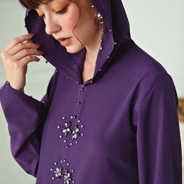 

ethnic clothing muslim fashion ladies dress purple moroccan hand-stitched rhinestone hooded robe middle eastern abaya turkey caftan 2021, Red