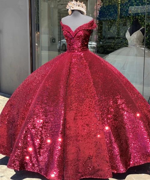 Principessa rosso scuro abiti Quinceanera paillettes al largo della spalla dolce 16 abiti da ballo tulle abiti da 15 a￱os xv abito corsetto