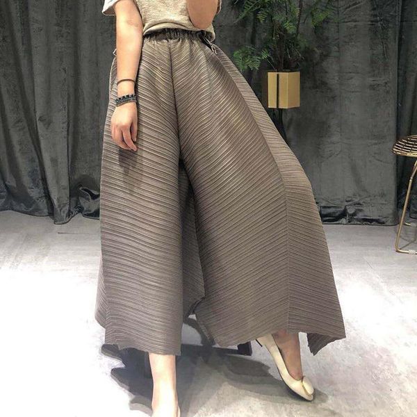 

women's pants & capris imucci 2021 spring pleated losse polyester straignt long elastic waist design office lady style wide leg tm1620, Black;white