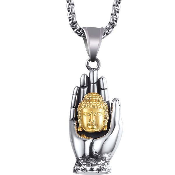 

vintage old fashion hand & buddha of the tathagata pendant necklace by 316l stainless steel for men, Silver