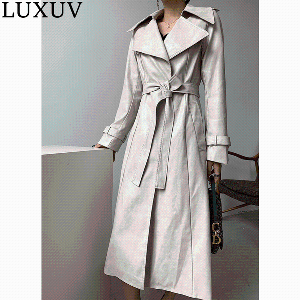 

women's leather & faux luxuv windbreaker pu long trench coat jacket overcoat female outwear fashion clothing hoodie cardigan blouse com, Black