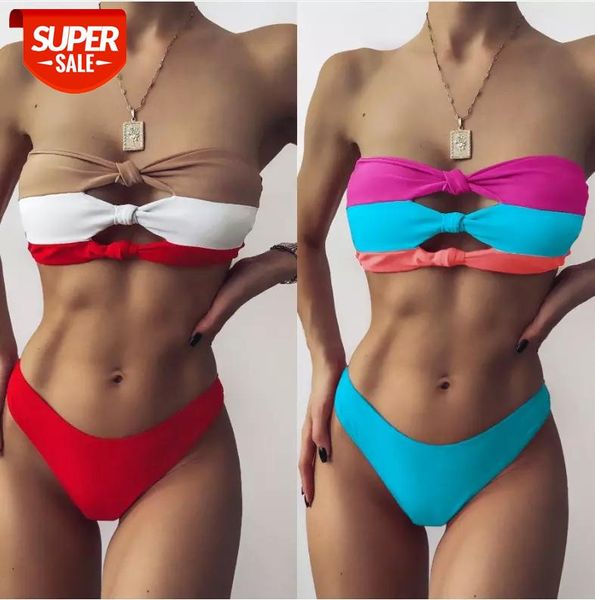 

Women Strapless Band Bikini Swimwear Female Sexy Two Piece Bikini Set Strapless Bathing Suit Mid Waist Wire Free Patchwork #vN2G, White;black