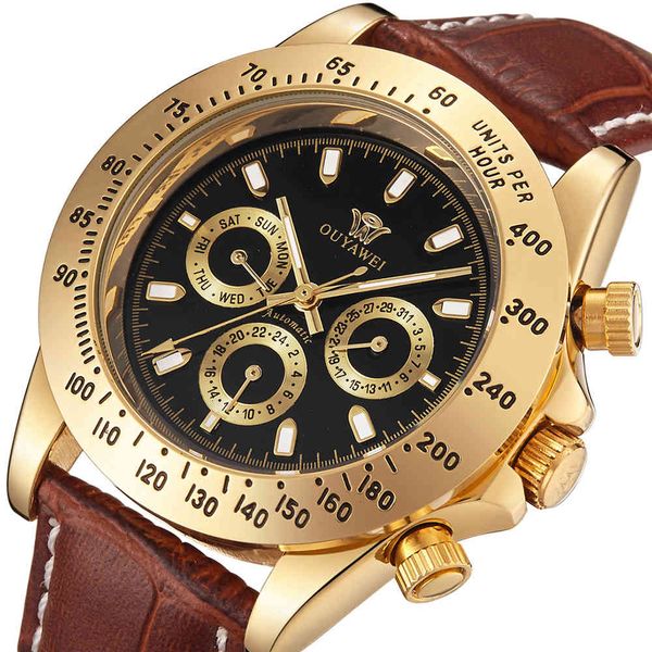 

ouyawei brand luxury people polar wars emperor's day date gold case brown leather men automatic mechanical, Slivery;brown