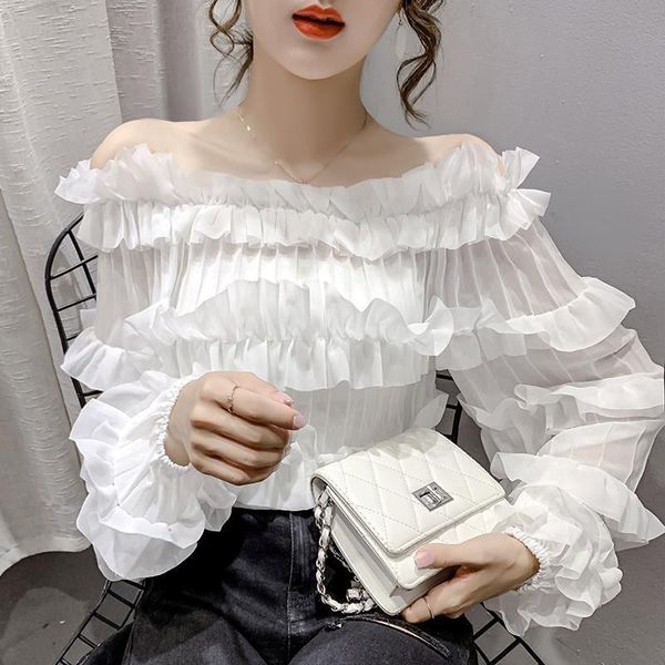 

women's blouses & shirts blouse women fall off-the-shoulder long-sleeved chiffon shirt blusas ropa de mujer, White