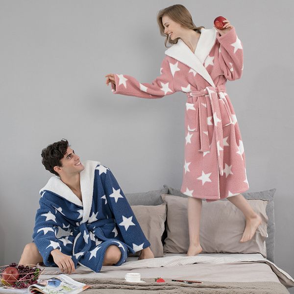 

winter thick warm star printed lovers kimono gown couples soft flannel sleepwear large long nightgown coral fleece bathrobe, Black;red
