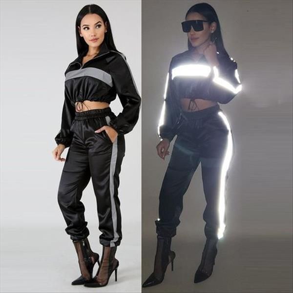 

long sleeve reflective patchwork two piece set outfits women long sleeved short and casual cargo pants tracksuit, Gray