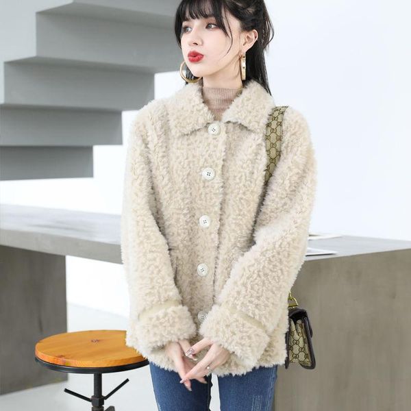 

women's fur & faux 2021 women winter fashion real sheep shearling coats female short genuine lamb jackets ladies warm casual outerwear, Black