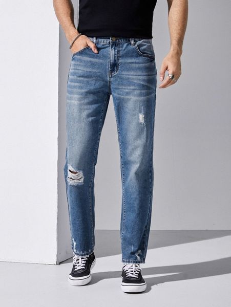 

men washed ripped straight leg jeans t6pw#, Blue
