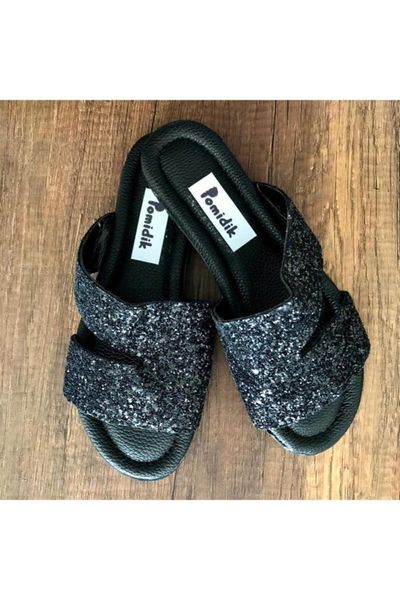

slippers women's black silvery shiny single band summer