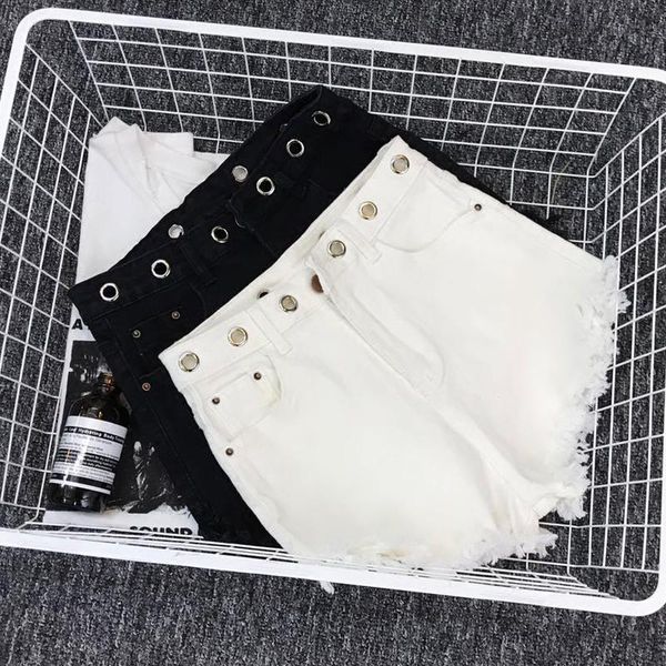 

women's shorts tassel with hole beading denim female high waist hollow cut punk street style wq1628, White;black