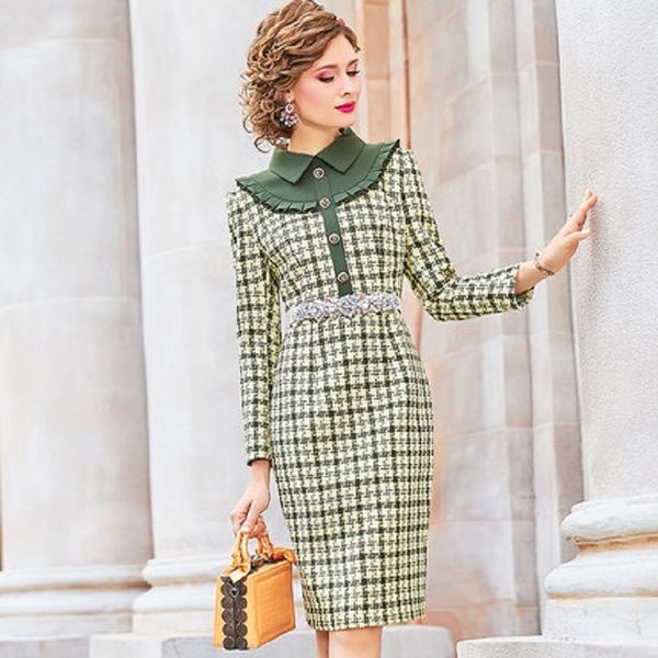 

2021 pencils shredded plaid women's clothing elegant winter dignified dress up in party long sleeve vintage dresses x9nq, Black;gray