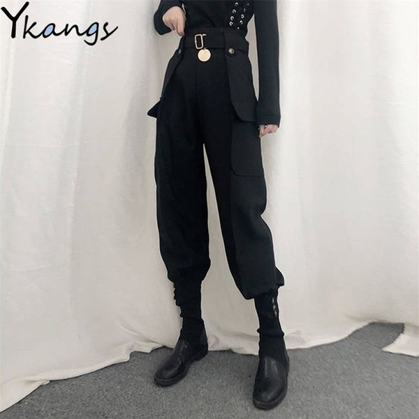 

with belt button pockets slim cargo pants women high waist vintage harajuku streetwear harem pants gothic qualities pants female 211216, Black;white