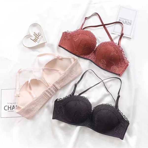 

bras sets japanese style lace young girls intimates push up seamless bra and panty 1/2 cup deep-v thicken women underwear suits, Red;black