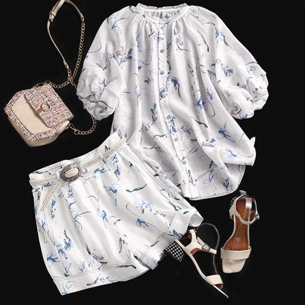 

women's tracksuits 2021 women loose casual print set puff sleeve o-neck shirts and elastic waist shorts with sashes summer female home, Gray