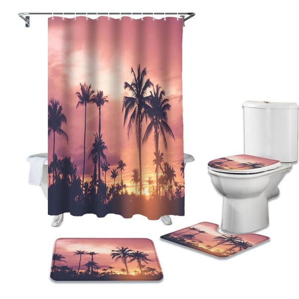 

shower curtains tropical palm trees sunset durable waterproof curtain set bathroom rugs carpet toilet seat cover pad floor mat