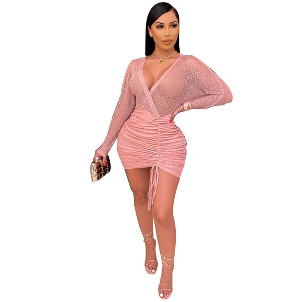 

womens casual bodycon v-neck mesh long sleeve mini club dress sequined patchwork elegant party pleated short pink dress, Black;gray