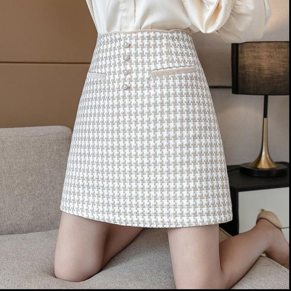 

houndstooth plaid tweed skirts women pearls buttons high waist mini skirt korean autumn pencil skirts plus size zipper 2020 x515, Black