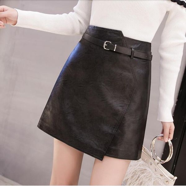 

skirts 2021 autumn women pu leather skirt fashion elegant high waist mini with belt black female k290