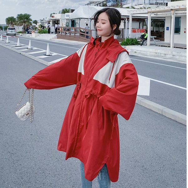 

women's trench coats oversized loose zipper trenchcoat lace up female streetwear patchwork overcoats hooded long coat spring autumn wom, Tan;black