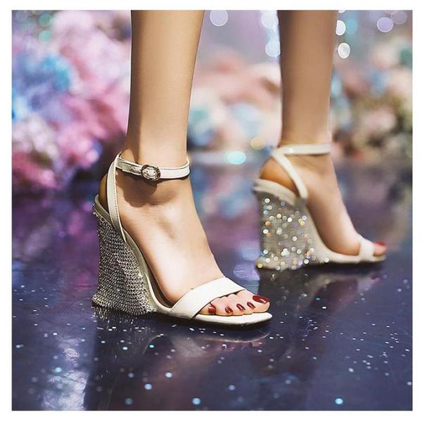 

sandals high-heeled rhinestone chain women's summer 2021 platform wedges sandalias elegant shoes woman pumps ankle strap, Black