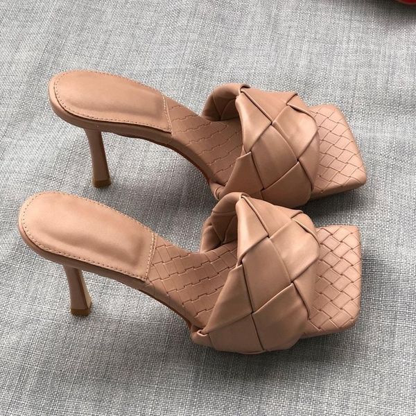 

2021 fashion square toe weave high heels shoes women slippers leather luxury designer ladies street beach sandals slides shoes, Black