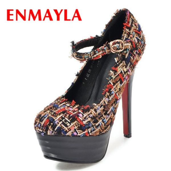 

dress shoes enmayla high heels woman pumps buckle strap platform party wedding white plus size 34-43 round toe womens, Black