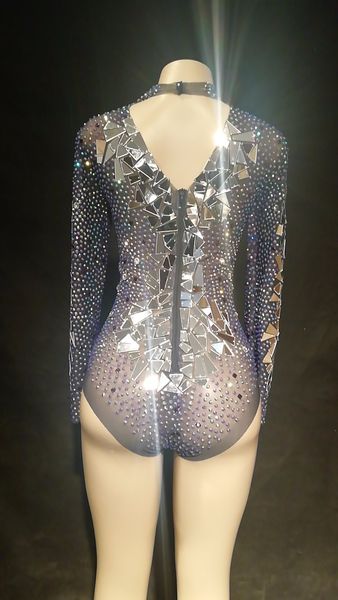

women transparent net yarn costume stage dance wear mirrors stones mesh bodysuit leotard dance performance bodysuit, Black;red