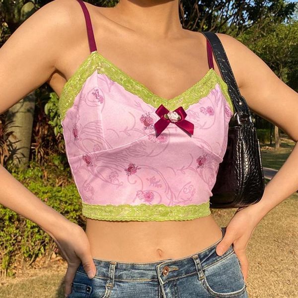 

women's tanks & camis 2021 summer women pink v neck sleeveless floral print bow camisole lace trim decorative cropped vest, White