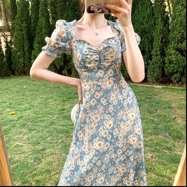 

women summer floral print knee length dress female fashion puff sleeve split slim dresses elegant vintage dress, Black;gray