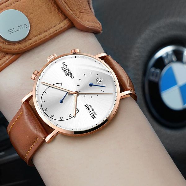 

wristwatches 2021 relogio masculino fashion watch men chronograph quartz waterproof leather wristwatch, Slivery;brown