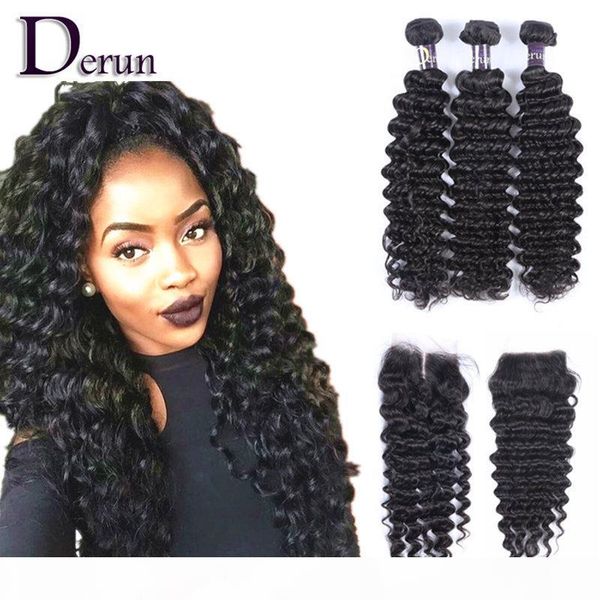 

lace closure with brazilian hair 3 bundles deep wave human hair weave unprocessed indian malaysian peruvian hair extensions, Black