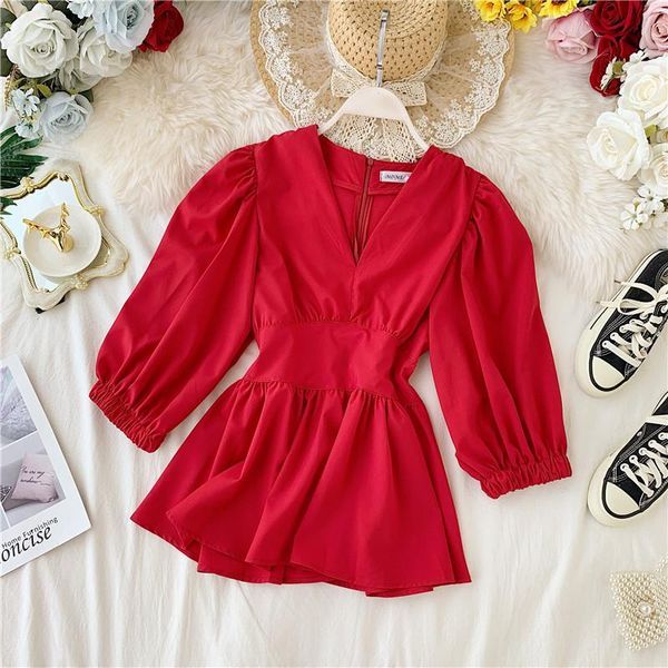

women's blouses & shirts v-neck spring autumn temperament lady style was thin waist full shirt tide solid puff sleeve y564, White
