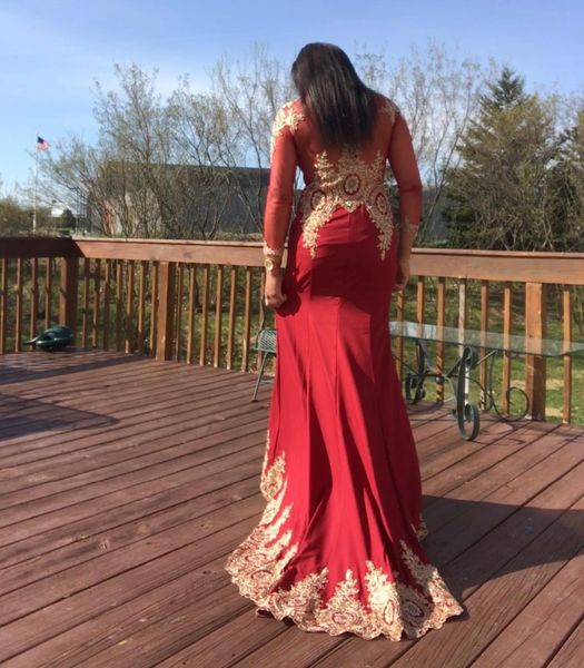

long red mermaid evening dresses 2021 gold lace applique full sleeve celebrity party gown luxury beading vestidos de gala, Black;red