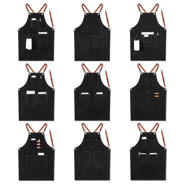 

aprons black denim apron for men chef work professional barbeque cooking, water resistant & bib adjustable with tool pockets, k0ab