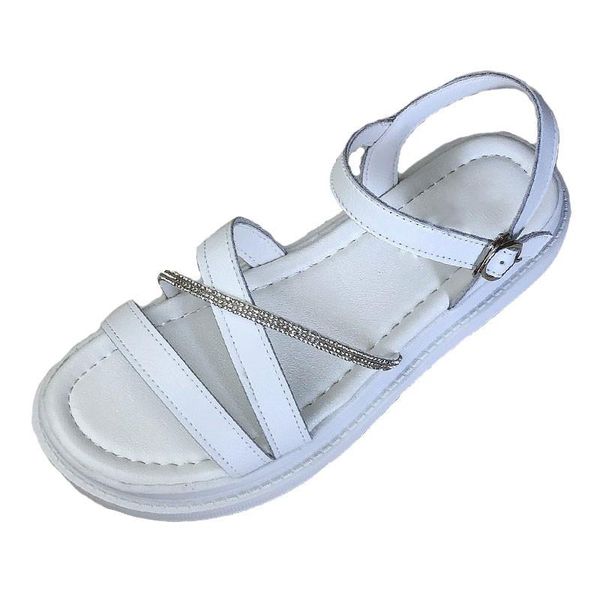 

sandals 2021 summer fashion women genuine leather narrow band rhinestone flat beach casual round toe open shoes, Black